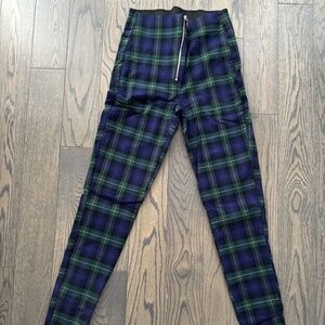 Zara Size XS Women's Dress Pants Blue Green Plaid Zip Up Flat Front